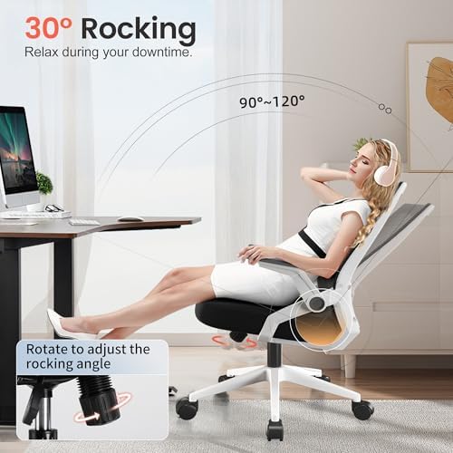 GTPLAYER Ergonomic Office Chair with Flip-up Armrests Executive Computer Chair for Home Office, Breathable Mesh & Comfy Lumbar Support, White - Image 3