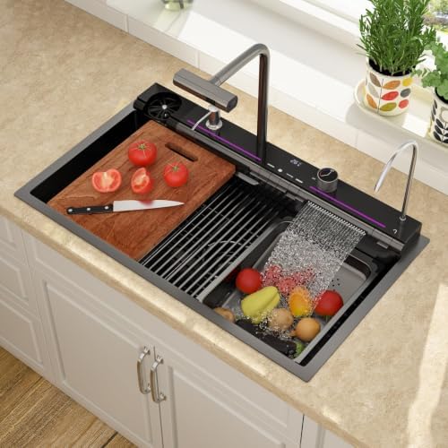Lordear Drop In Kitchen Sink 33 inch Black Waterfall Sink T304 16 Gauge - Image 2