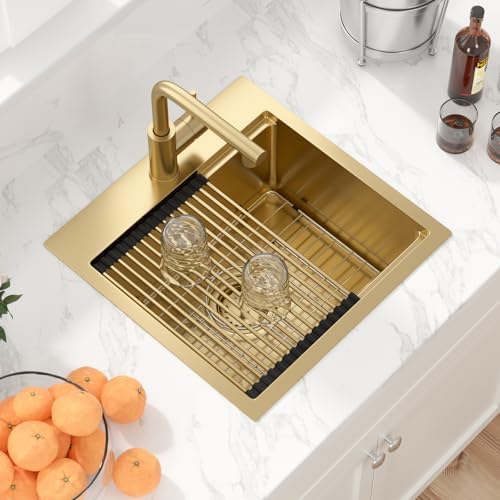 Sarlai Drop Bar Sink - 18 Inch Gold Outdoor Kitchen Sink with Pull-out Faucet Gold Drop In Workstation 18 x 18 Topmount Stainless Steel 16 Gauge Single Bowl Bar Prep RV Outdoor Sinks Basin - Image 3