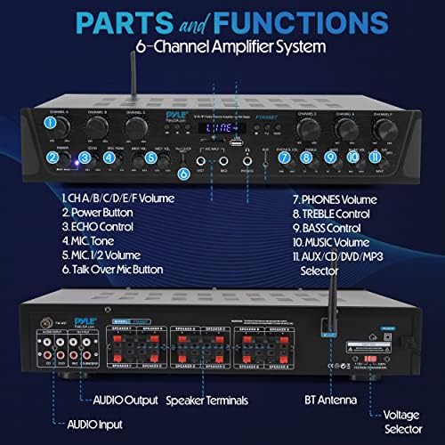 Pyle Home Audio Amplifier with Bluetooth - 6 Channel 600 Watt Peak Power, Karaoke with Echo, 2 Mic Input with Talkover, Headphone In, USB A MP3 Player with SD Reader - Home, Commercial, Worship - Image 2