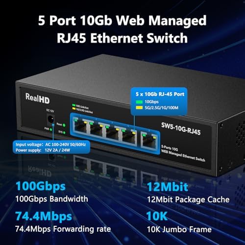 5 Port 10Gb RJ45 Web Managed Ethernet Network Switch, 5 x 10 Gigabit Base-T Port | 10Gbps Multi-Gig Swicth Support 5G-2.5G-1G-100M | 19 Inch Rack Mount | 100G Bandwidth | Metal Casing | Built-in Fan - Image 4
