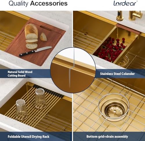Lordear Luxury 45 Inch Gold Undermount Kitchen Sink Large Ledge Workstation T304 16 Gauge Stainless Steel Single Bowl Under Counter Gold Kitchen Sink with Built-in Accessories 45''x19''x10'' - Image 4