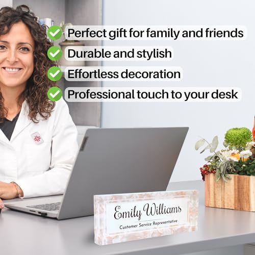 Customized Clear Acrylic Thick 8x3" Desk Name Plate Block with Personalized Logo - Professional Office Decor - Customized Acrylic Plate Gift for Teacher Co-workers (Mother of Pearl) - Image 4