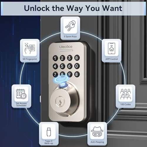 Ulecoce U68 Fingerprint Keypad Deadbolt with Knob Set, Satin Nickel - Image 2