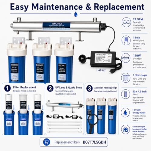 Bluonics 24 gpm Whole House Water Filter System for Well Water, 110w uv Light Treatment, 3 Filter Stages with Sediment and Carbon Filters, 20 x 4.5 housings, 1 in npt - Image 4