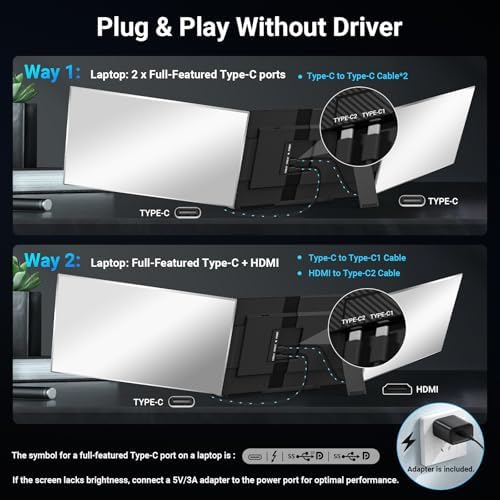 15.6" Laptop Screen Extender, 1080P FHD Triple Portable Monitor for Laptops, Ultra-Slim Travel Dual Monitor Fit for 12"-17.3" Laptops, USB-C Plug&Play Extended Screen Compatible with Win/Mac/Android - Image 4