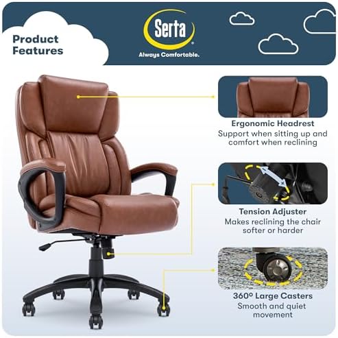 Serta Ergonomic Executive Office Chair with Lumbar Support, Leather Chair - Image 3