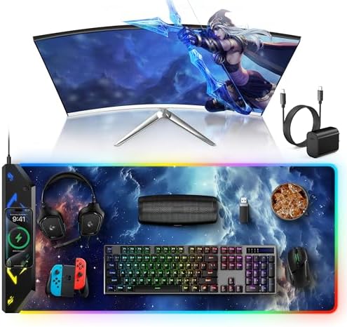 5-in-1 RGB Mouse Pad with Wireless Charging, Gaming Desk Mat, Blue Nebula by TopmadeProduct-Ordernow