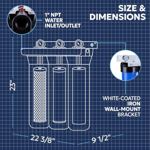 Aquaboon 3-Stage Whole House Water Filter System with 20x4.5 CTO & Sediment Filters, Against Sediment & Chlorine | w/Wrench, Bracket, Gauge & Release - Image 5