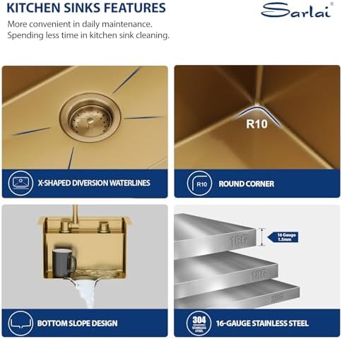 Sarlai Gold Undermount Bar Sink - 15x17 Inch Outdoor Kitchen Sink Workstation Gold 16 Gauge Stainless Steel Single Bowl Handmade Outdoor BBQ Sinks With Foldable Faucet - Image 5