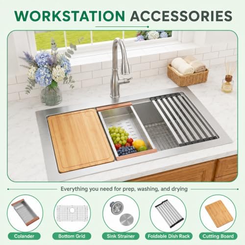 Drop In Kitchen Sink 33" X 22",Single Bowl Workstation Sinks - Image 5
