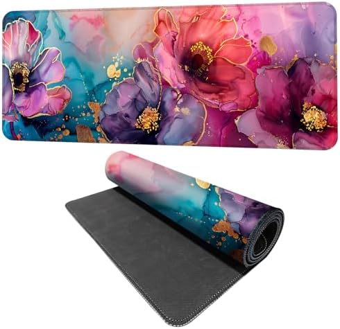 Floral Mouse Pad XXL – Large Desk Mat with Abstract Alcohol Ink Flowers in Pink, Purple & Teal, Extended Mousepad with Non-Slip Base for Office, Workstation, Gifts,31.5 x 11.8 in by THISFIND