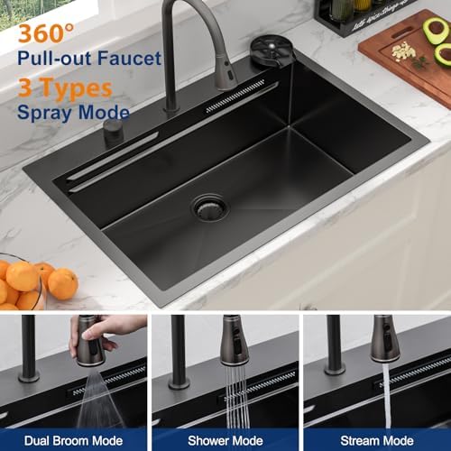 Sarlai 33 Inch Black Waterfall Kitchen Sink Drop In - 33x22 Inch Drop In Waterfall Sink Ledge Workstation Black Stainless Steel 16 Guage Single Bowl Kitchen Basin with Faucet - Image 6