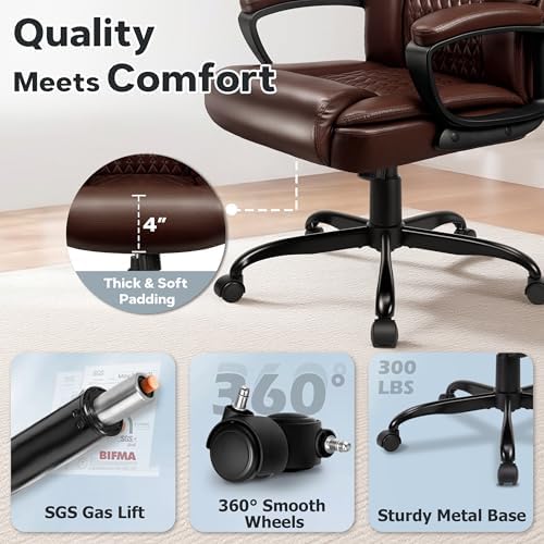 Office Chair, High Back Ergonomic Home Office Desk Chairs with Lumbar Support, Adjustable Big and Tall Computer Chair, 360° Swivel, PU Leather, Brown - Image 5