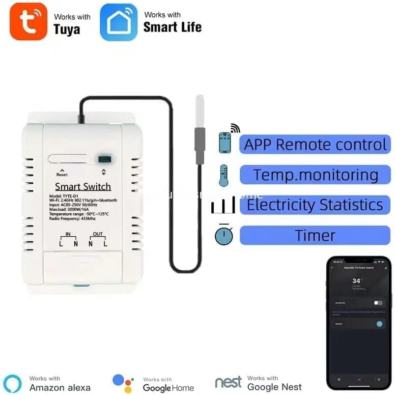 High Power Tuya 16A Smart WiFi Temperature Controller with Waterproof Probe - APP Remote Control for Greenhouse,Homebrew,Thermostat,Aquarium,Climbing Pet Breeding,Incubator,Alexa Voice Compatible - Image 3