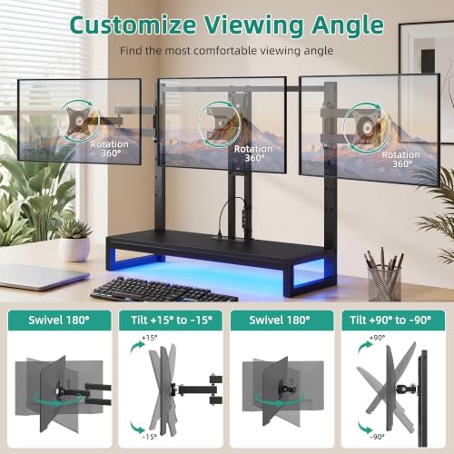 YAOHUOO Monitor Arm with LED,Adjustable Desk Monitor Mount for 3 Screens, Heavy Duty Fully Stand Riser with Clamp, Storage Shelf for Office,Living Room - Image 3