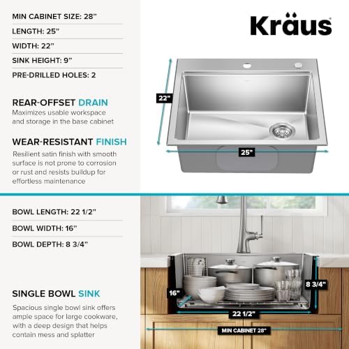 KRAUS Fairlane 25 in Drop In/Top Mount Workstation Single Bowl 18-Gauge Stainless Steel Kitchen Sink with Accessories, KWT611-25 - Image 5