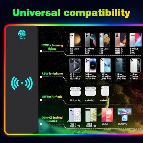 AIMSA Wireless Charging RGB Gaming Mouse Pad 15W, Extended LED Desk Mat Protector 800x300x4MM, 14 Light Modes Extra Large Mousepad Non-Slip Rubber Base Desk Mat, Nebula Universe - Image 5