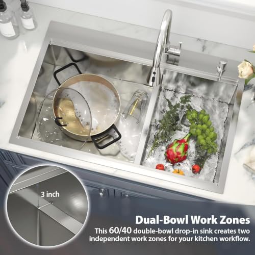 33 Drop In Kitchen Sink Stainless Steel Double Bowl Workstation Low Divide - Image 4