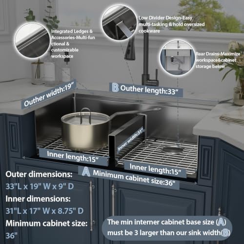 33 Black Undermount Kitchen Sink Double Bowl Workstation 50/50 Low Divide - Image 7