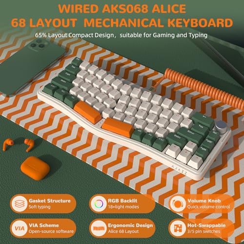 AJAZZ AKS068 65% Wired Mechanical Gaming Keyboard with Coiled Cable, 68-Key Alice-Layout Mechanical Keyboard, RGB Hot Swappable Red Switches VIA/QMK Programmable Knob Gasket Mount for Win/Mac (Green) - Image 2