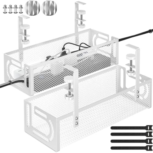 Under Desk Cable Management Tray, 15.7'' No Drill Steel Desk Cable Organizers, Wire Management Tray Cable Management Rack (2 Packs-White) by BESTFORYOU
