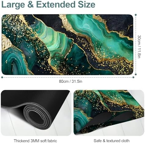Green Marble Gaming Mouse Pad 31.5"x11.8" Large Extended Pad Desk Mat Anti-Slip Rubber Base & Durable Stitched Edges for Gamers Smooth Mouse Pad Writing Surface for Desk Office/Home - Image 2