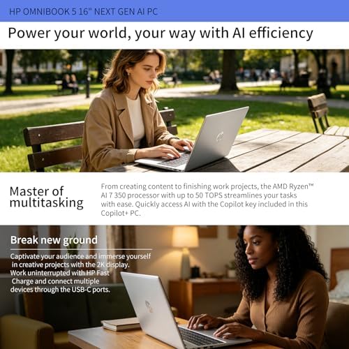 HP Omnibook 16" 2K Touchscreen Laptop, AMD Ryzen AI 7 350, 32GB DDR5 RAM, 1TB SSD, 50 Tops NPU Copilot+, Win11 Pro, Backlit Keyboard, Glacier Silver - Image 4