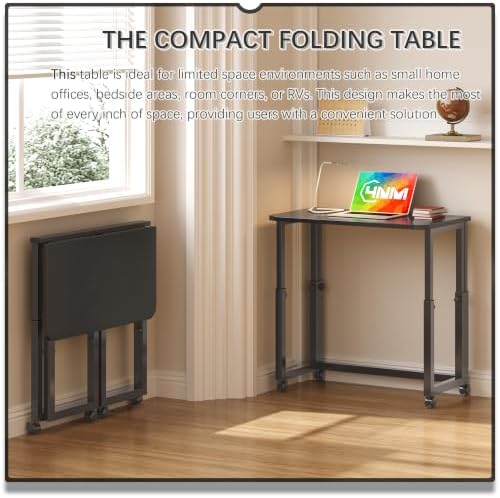 4NM No Tool Assembly 27.5" Small Desk, Folding Portable Desk with Wheels, Foldable Computer Home Office Desks, Collapsible Study Writing Table for Space Saving Bedroom - All Black - Image 3