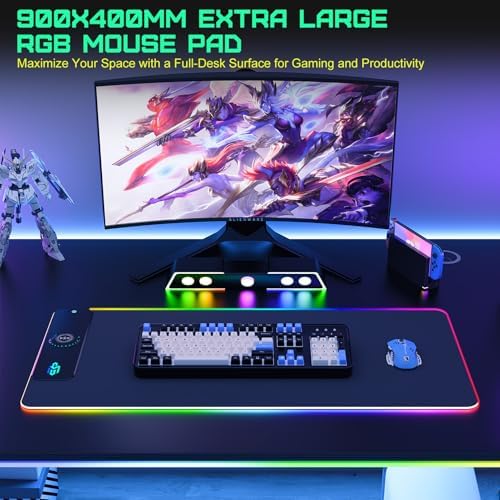 GIM Wireless Charging RGB Gaming Mouse Pad 15W, LED Mouse Mat 900x400x4MM, 10 Light Modes Extra Large Mousepad Non-Slip Rubber Base Computer Keyboard Mat for Gaming, MacBook, PC, Laptop, Desk - Image 2