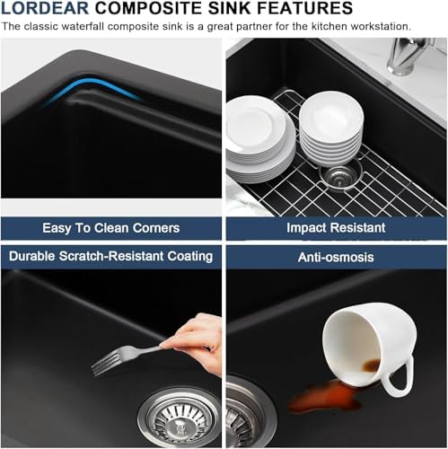 Lordear 30 Black Undermount Kitchen Sink Granite Composite 30X19 Inch Undermount Workstation Sinks Quartz Black Deep Single Bowl Sink - Image 6