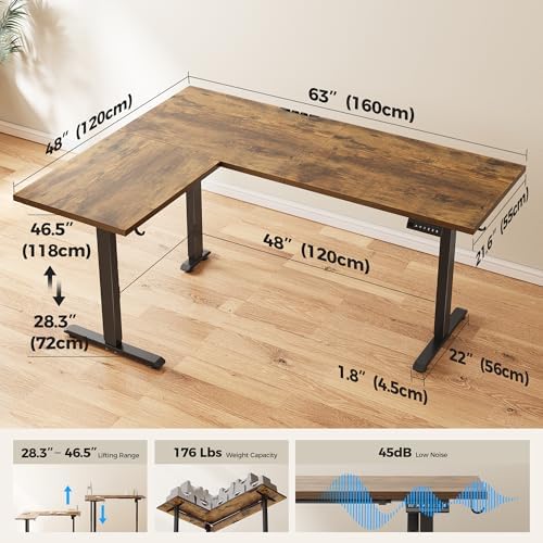 Agilestic L Shaped Standing Desk 63 inch Adjustable Height, Electric Corner Standing Desk, Sit Stand Computer Table with Splice Board, Rustic Brown - Image 3