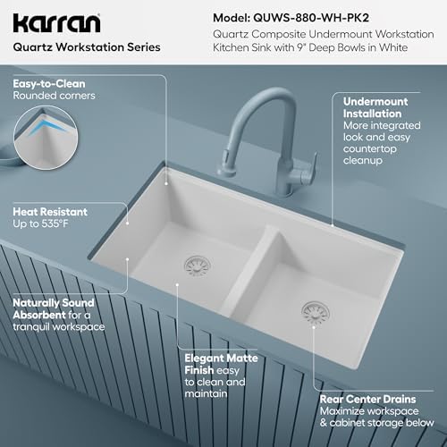 Karran 32.5 Inch Undermount Quartz Composite Workstation Kitchen Sink, 50/50 Double Bowl Low Divide with Color Matched Accessories, Cutting Board, Drying Mat, Colander & Strainers White - Image 4