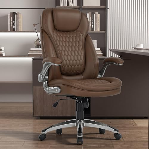 COLAMY Office Chair Ergonomic Desk Chair-Executive Office Chair with Upgraded Caters, High Back Computer Chair Flip-up Arms, Strong Metal Base, Swivel Leather Chair for Work/Study, 300lbs, Brown by COLAMYHOME