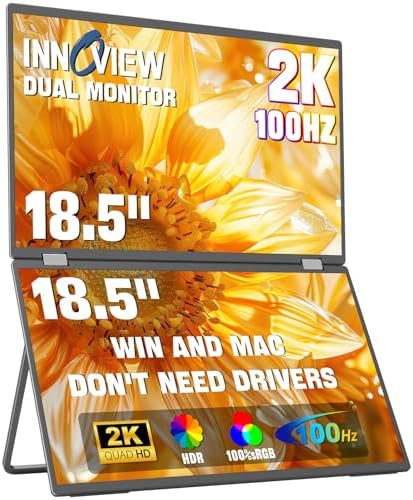 InnoView 18.5" Dual Portable Monitor 100Hz 2K 2560x1440P 100% sRGB Foldable & Stackable Design with 315° Screen Adjustment | DP/USB-C/HDMI, Second Monitor for Laptop, Mac, Windows by InnoView
