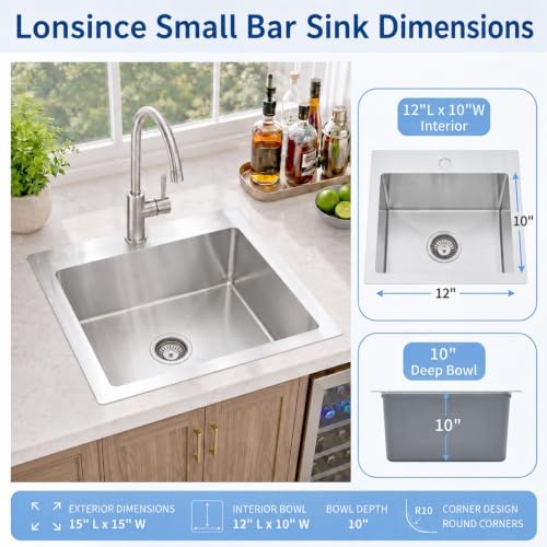 Drop In Bar Sink 15 X 15 inch,16 Gauge Stainless Steel Bar Sink - Image 4