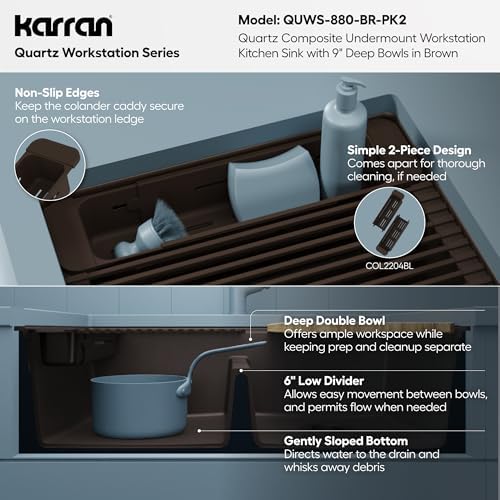 Karran 32.5 Inch Undermount Quartz Composite Workstation Kitchen Sink, 50/50 Double Bowl Low Divide with Color Matched Accessories, Cutting Board, Drying Mat, Colander & Strainers Brown - Image 6