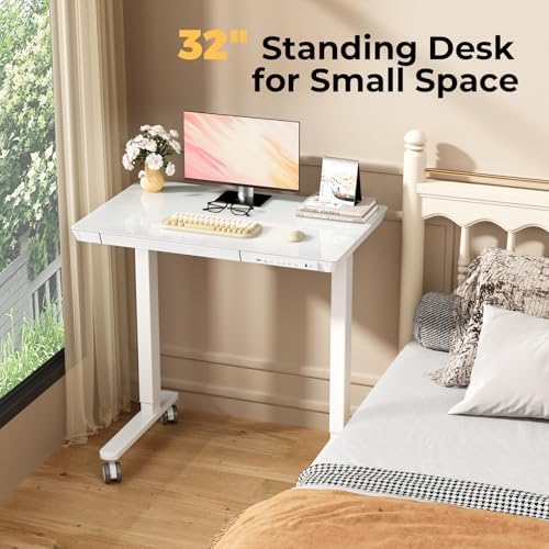 32" Glass Standing Desk with Drawer, Small Electric Desk - Image 3