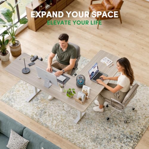 FEZIBO 75" x 63"L Shaped Standing Desk Adjustable Height, Electric Stand up Corner Computer Desk, Sit Stand Home Office Desk with Splice Board, Light Walnut Top/White Frame - Image 2