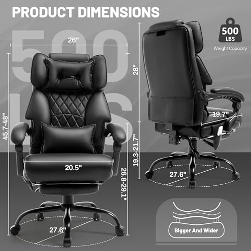 Office Chair with Foot Rest,3D Kneading Massage & Heat Executive Office Chairs for Heavy People,500LBS Big and Tall Office Chair,Ergonomic Reclining Desk Chair,Dual-Use Pillow,Home Office,Black - Image 3