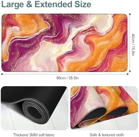 Pink Marble Gaming Mouse Pad 35.4"x15.7" Large Extended Pad Desk Mat Anti-Slip Rubber Base & Durable Stitched Edges for Gamers Smooth Mouse Pad Writing Surface for Desk Office/Home - Image 2