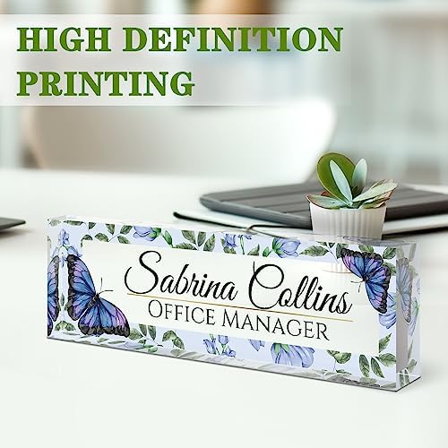 Name Plate for Desk, Desk Name Plate Personalized, Office Decor for Women Men, Acrylic Desktop Accessories, Office Appreciation Gifts for Boss Social Workers Nurse Teacher Employee (Blue Butterfly) - Image 3