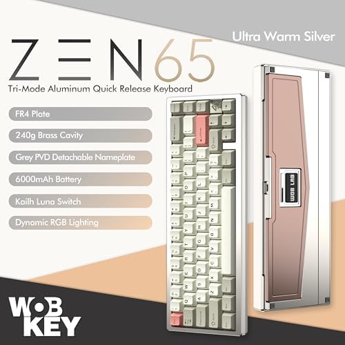 KEEBMONKEY WOBKEY Zen 65 65% Quick Release Wireless Mechanical Keyboard with RGB, CNC Aluminum Case, Hot-Swappable, VIA Support, BT/2.4G/USB-C Gaming Keyboard for Mac/Windows (Ultra Warm Silver) - Image 2