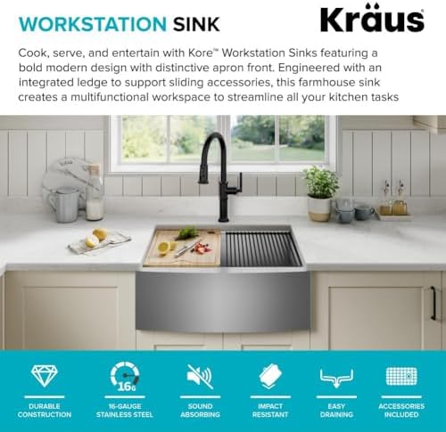 KRAUS Kore 27-Inch Farmhouse Workstation 16 Gauge Stainless Steel Kitchen Sink with Accessories, KWF210-27 - Image 3