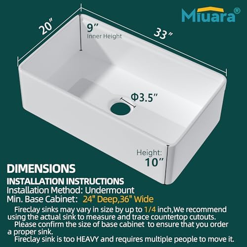 Miuara 33 x 20 Inch White Apron Front Farmhouse Workstation Kitchen Sink - Image 3