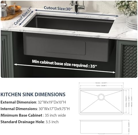 Lordear 32 Undermount Kitchen Sink 32X19 Inch Sinks Ledge Workstation Gunmetal Black 16 Gauge Stainless Steel Single Bowl Under Counter Kitchen Sink Basin with Built- in Accessories - Image 4