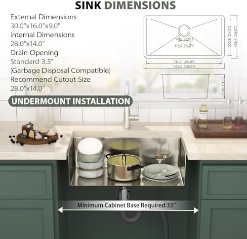 Mocoloo 30 Inch Undermount Kitchen Sink - 30" x 16" T304 Stainless Steel Handmade Single Bowl Round Corner Under Counter 9" Deep Basin - Image 2