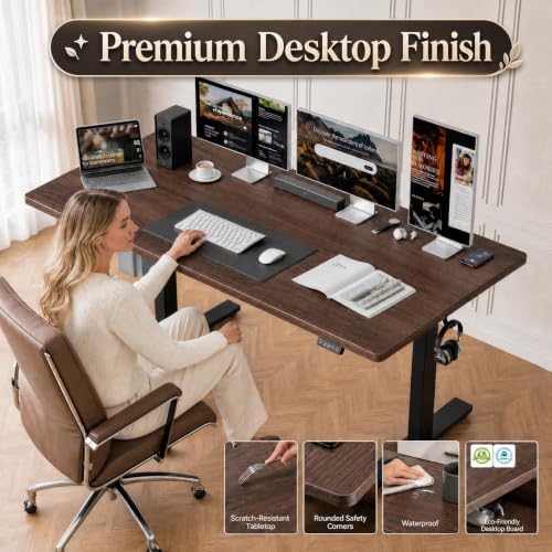 Grandder 63x32 Large Electric Standing Desk, Height Adjustable Computer Desk with 2 Memory Presets, 31.5" Deep Desktop Sit Stand Desk Home Office Desk Workstation Table with Hooks, Walnut - Image 6