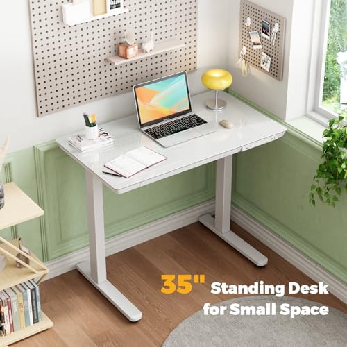 35" Electric Standing Desk with Drawer, One-Piece Glass Top - Image 3