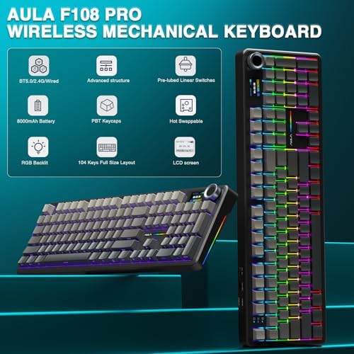AULA F108 PRO - Wireless Mechanical Keyboard with Screen & Knob,Full Size Keyboard with 8000mAh Battery,Pre-lubed Switches,Side Printed PBT Keycaps,RGB Backlit Hot Swappable Custom Gaming Keyboards - Image 2